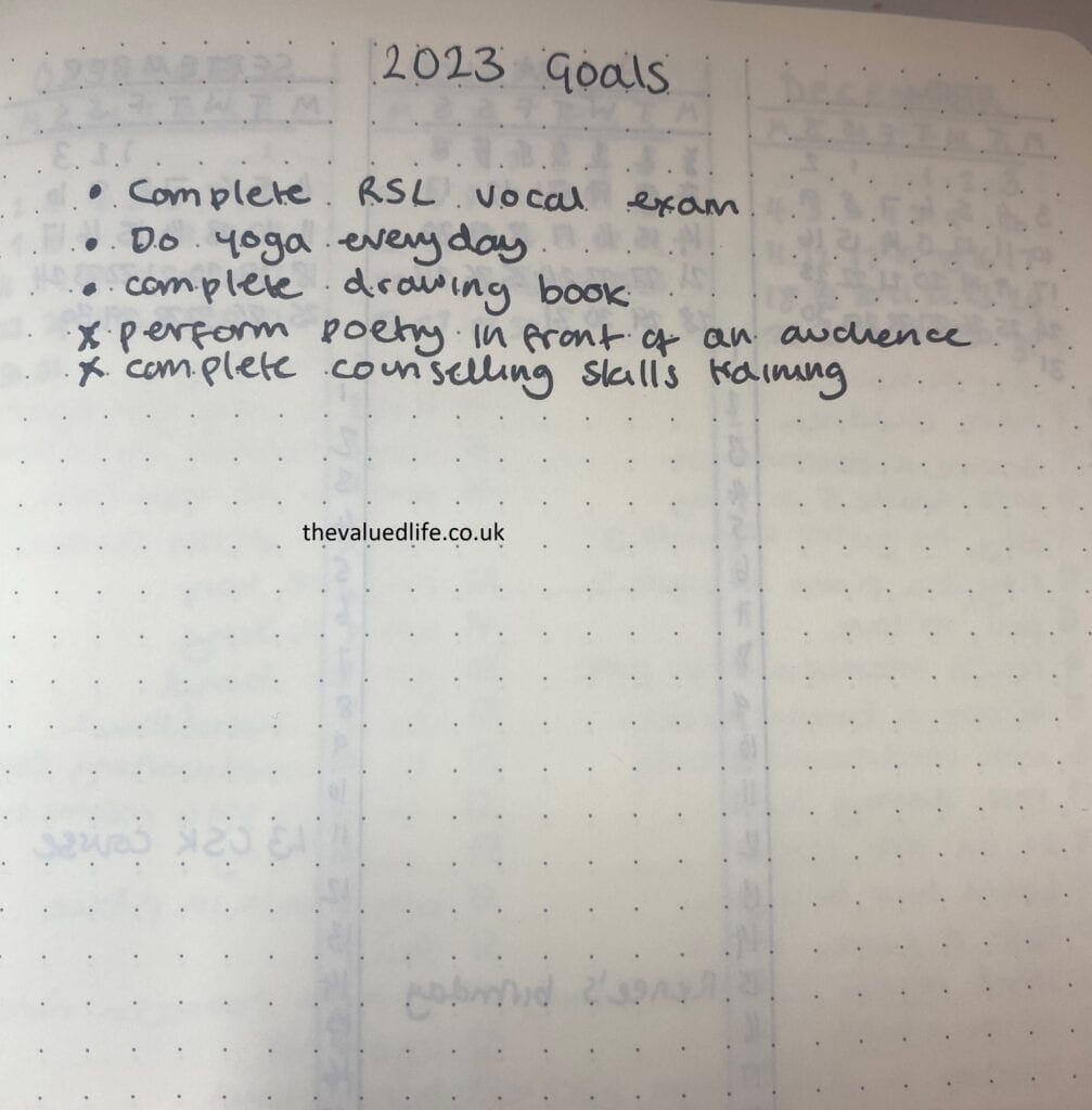 Bullet journal page with 5 2023 goals
