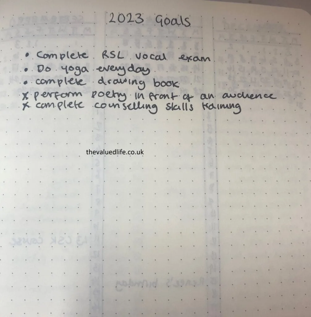 Bullet journal page with 5 2023 goals