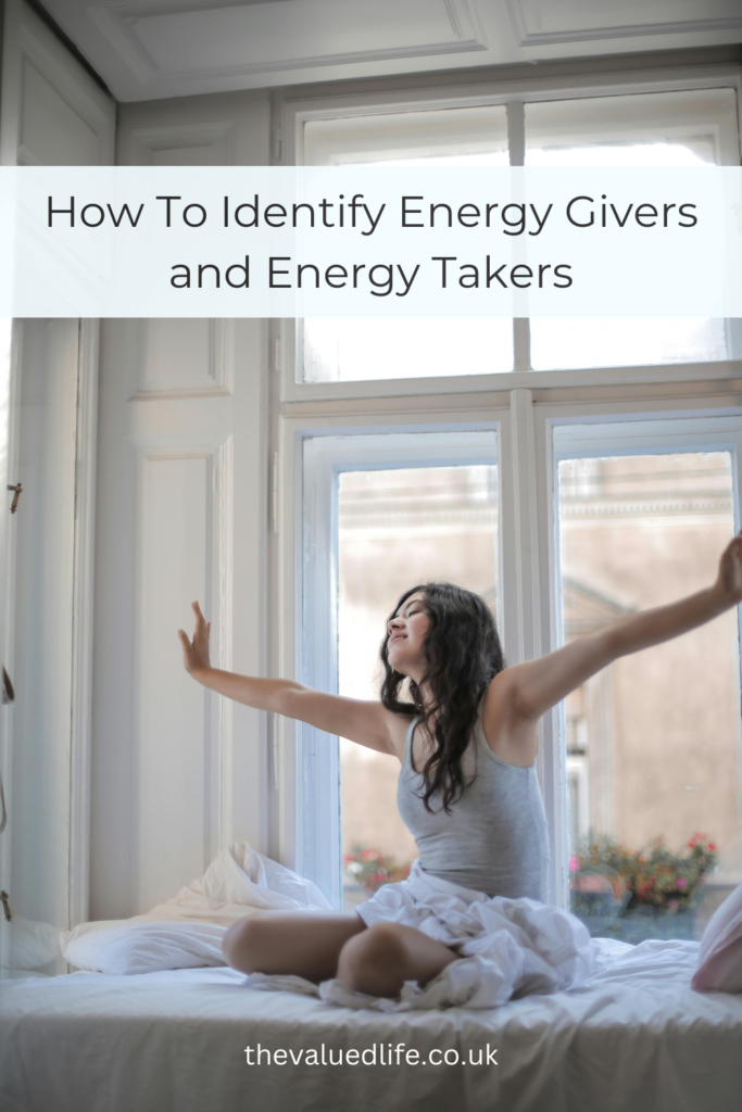 Photo of Woman in Gray Tank Top While Sitting on Bed with title overlay that says 'How to identify energy givers and energy takers'