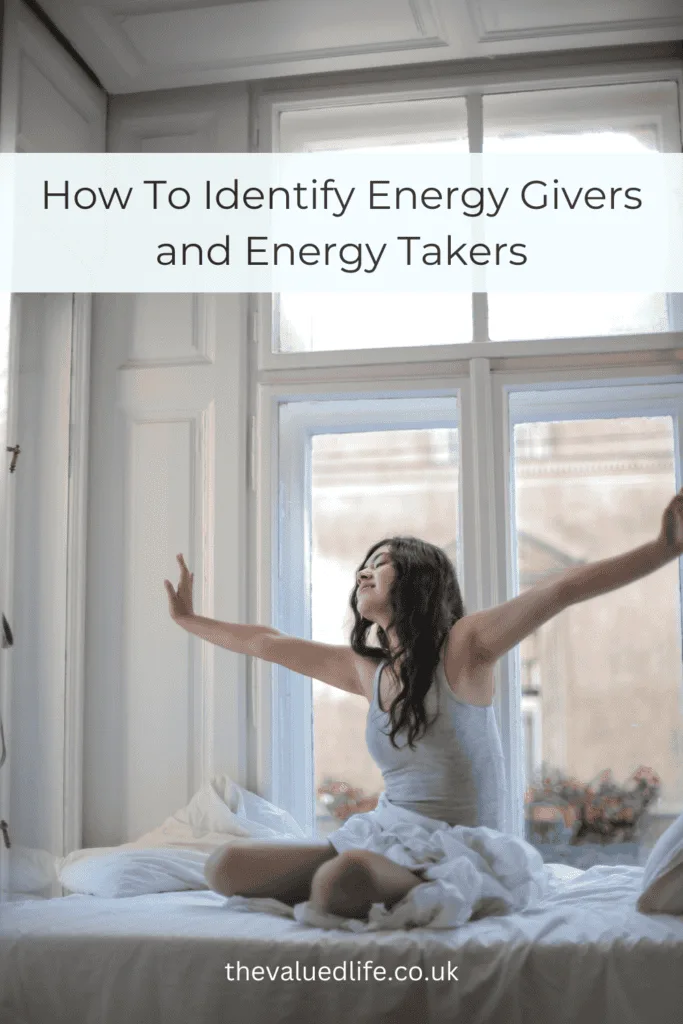 Photo of Woman in Gray Tank Top While Sitting on Bed with title overlay that says 'How to identify energy givers and energy takers'
