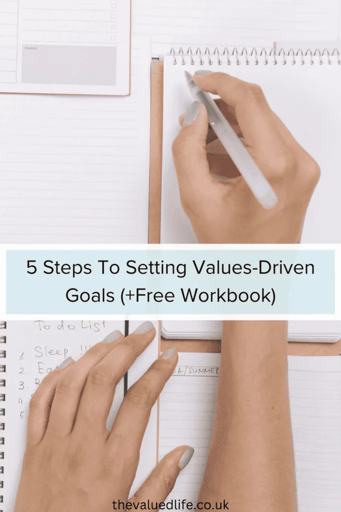 Decorative Image with text overlay that says '5 Steps To creating Values-driven goals, plus free workbook)