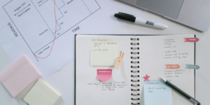 Open notebook with post-it notes and stickers inside of it to show a personal productivity backlog