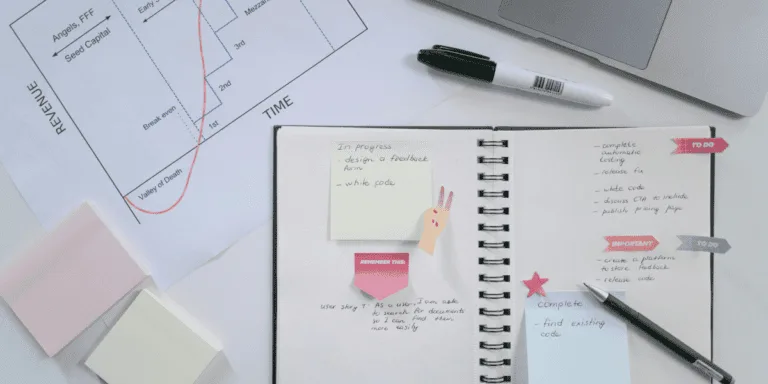 Open notebook with post-it notes and stickers inside of it to show a personal productivity backlog