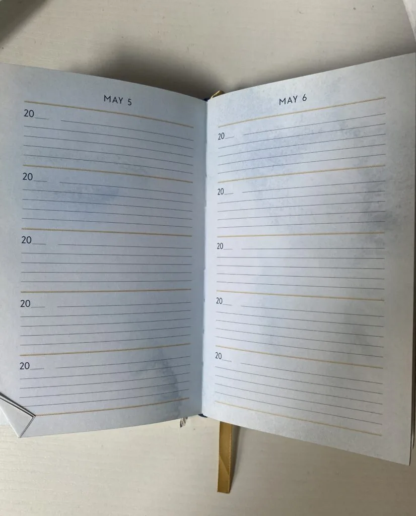5 year one line a day journal book opened on an empty page