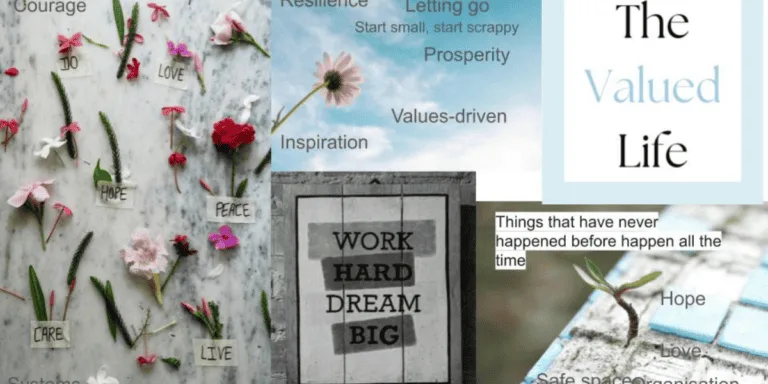 A screenshot of a digital values vision board - a collection of images, quotes and words