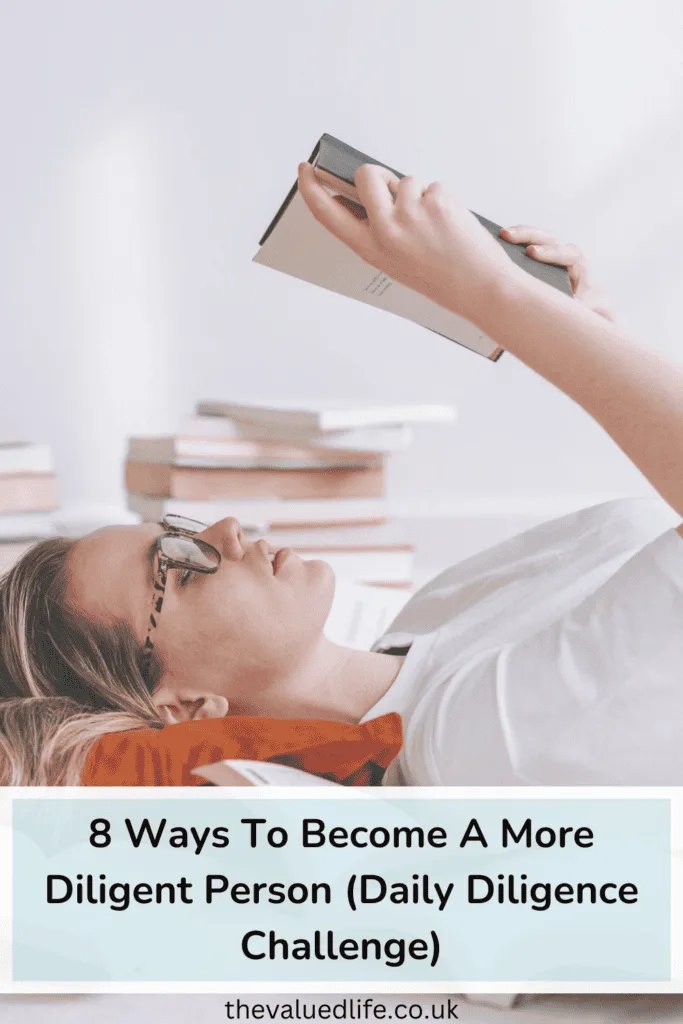 Woman reading book on floor surrounded by books. How to become a more diligent person