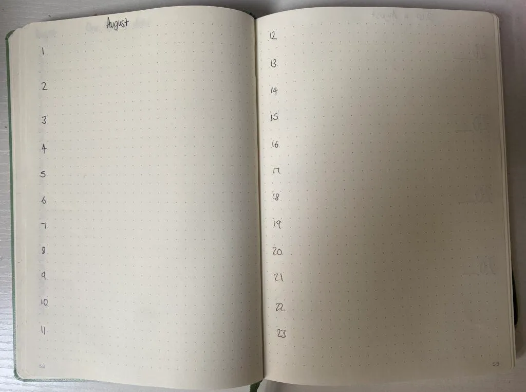 double page one line a day bullet journal layout across multiple pages