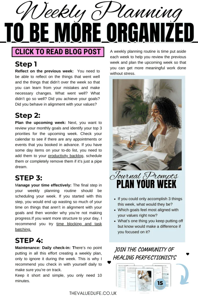 A infographic titled "Weekly Planning to Be More Organized." The top of the image features bold text with the subtitle "Click to Read Blog Post." The main content is structured into four steps for weekly planning, with detailed descriptions for each step: reflecting on the previous week, planning the upcoming week, managing time effectively, and conducting daily check-ins. The right-hand side includes an image of a woman sitting at a desk, smiling while on the phone, with text that reads "Journal Prompts Plan Your Week," followed by three reflective prompts. The bottom features an invitation to "Join the Community of Healing Perfectionists" alongside a small preview of additional resources. The website URL "TheValuedLife.co.uk" is included at the bottom