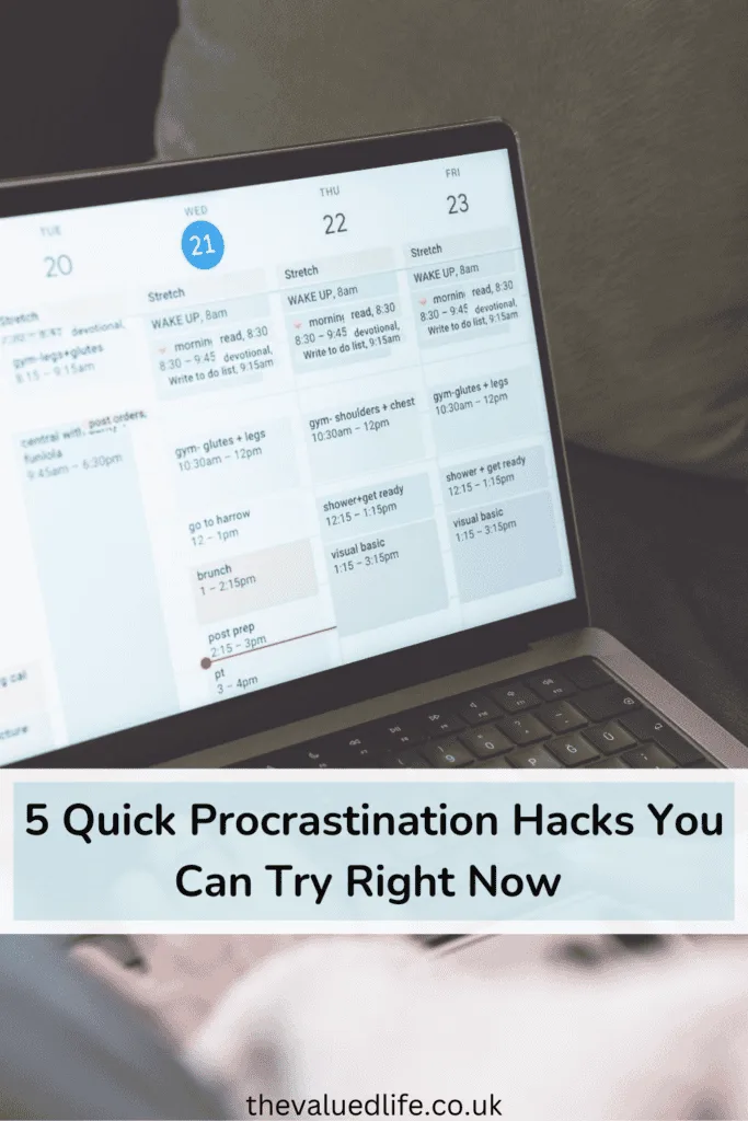Close-up of a laptop displaying a digital weekly schedule with a visible headline overlay reading '5 Quick Procrastination Hacks You Can Try Right Now,' promoting time management tips. The schedule includes tasks like gym sessions, reading, and to-do lists, reinforcing productivity strategies