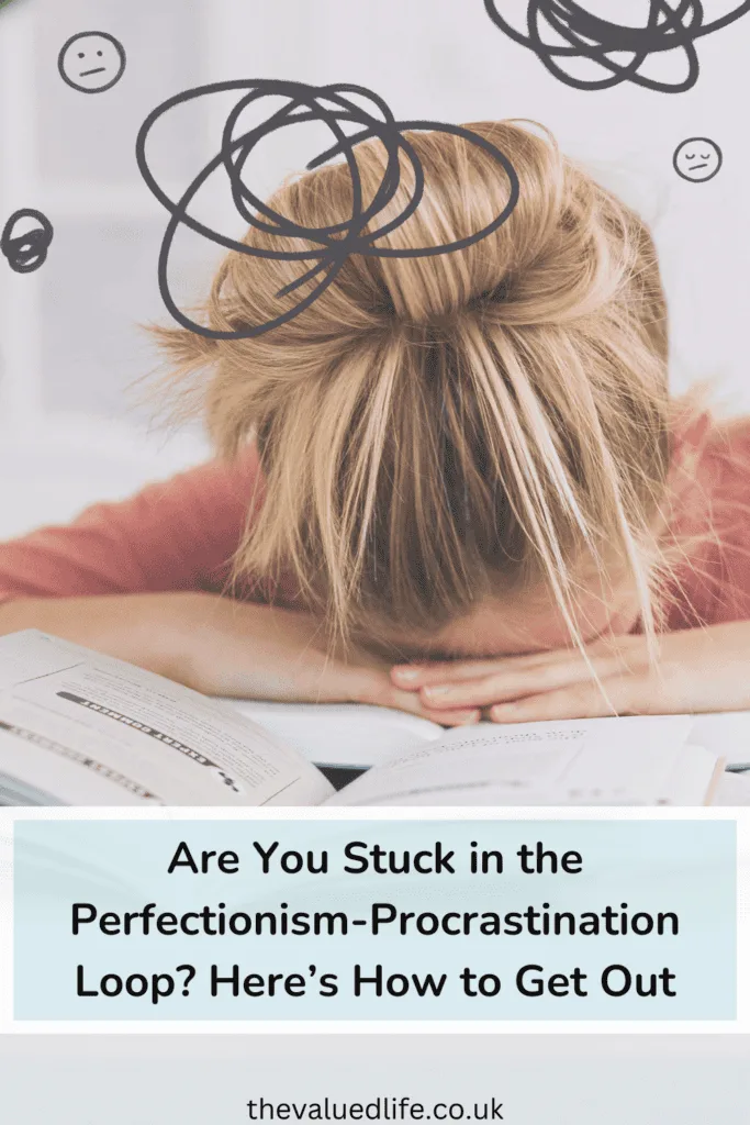 Person resting their head on open books, surrounded by scribbled thought bubbles and sad faces, with an overlay title reading 'Are You Stuck in the Perfectionism-Procrastination Loop? Here’s How to Get Out,' visually representing the mental strain of perfectionism and procrastination.