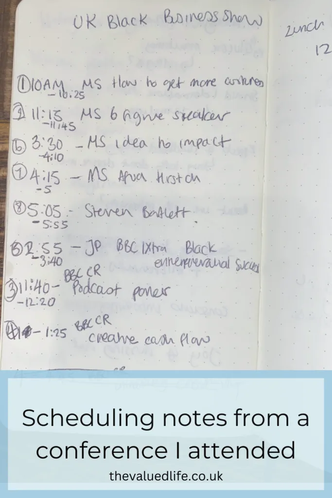 Handwritten scheduling notes for the UK Black Business Show, organized in an A6 bullet journal. This page lists session times and topics, highlighting the benefits of switching from an A5 to an A6 bullet journal for compact and efficient planning