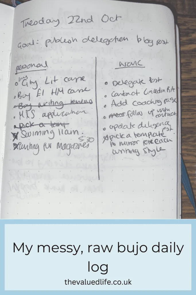 A daily log from an A6 bullet journal, dated Tuesday 22nd October, featuring personal and work-related tasks such as 'publish delegation blog post' and 'buy writing journals.' This compact, handwritten layout showcases the practicality of switching from an A5 to an A6 bullet journal for managing daily to-do lists