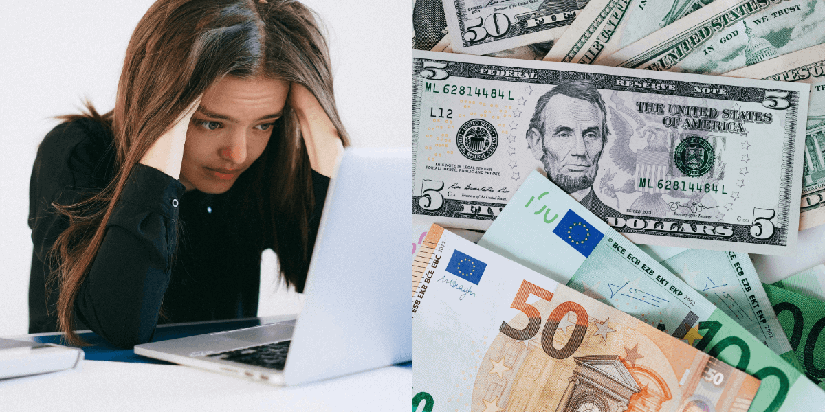 Split image showing a stressed woman holding her head in front of a laptop on the left, and various currencies including U.S. dollars and euros on the right. The image symbolizes the mental and financial pressures related to fear of failure and fear of success, emphasizing their impact on personal and professional growth.