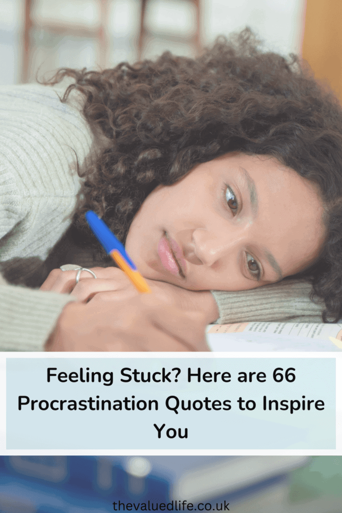 Close-up of a young woman lying on a surface with her head resting on her arm, holding a pen, and surrounded by open books. The text overlay reads, 'Feeling Stuck? Here are 66 Procrastination Quotes to Inspire You,' emphasizing motivation and overcoming procrastination