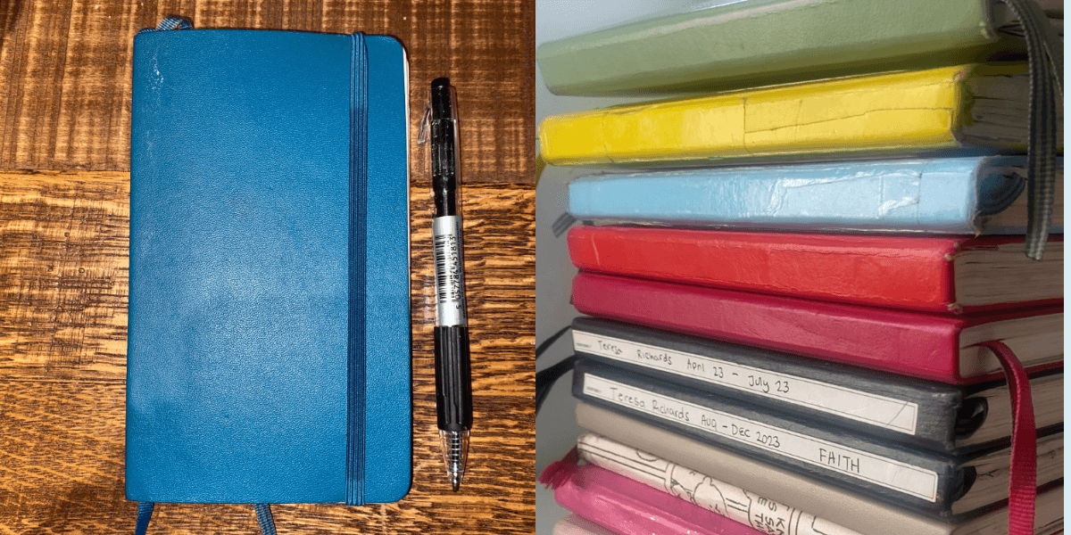 Comparison of an A5 and A6 bullet journal, featuring a blue A6 notebook with a pen on the left and a stack of colorful journals, including labeled spines, on the right. The text 'A5 vs A6 Bullet Journal' highlights the topic of choosing between these sizes for bullet journaling