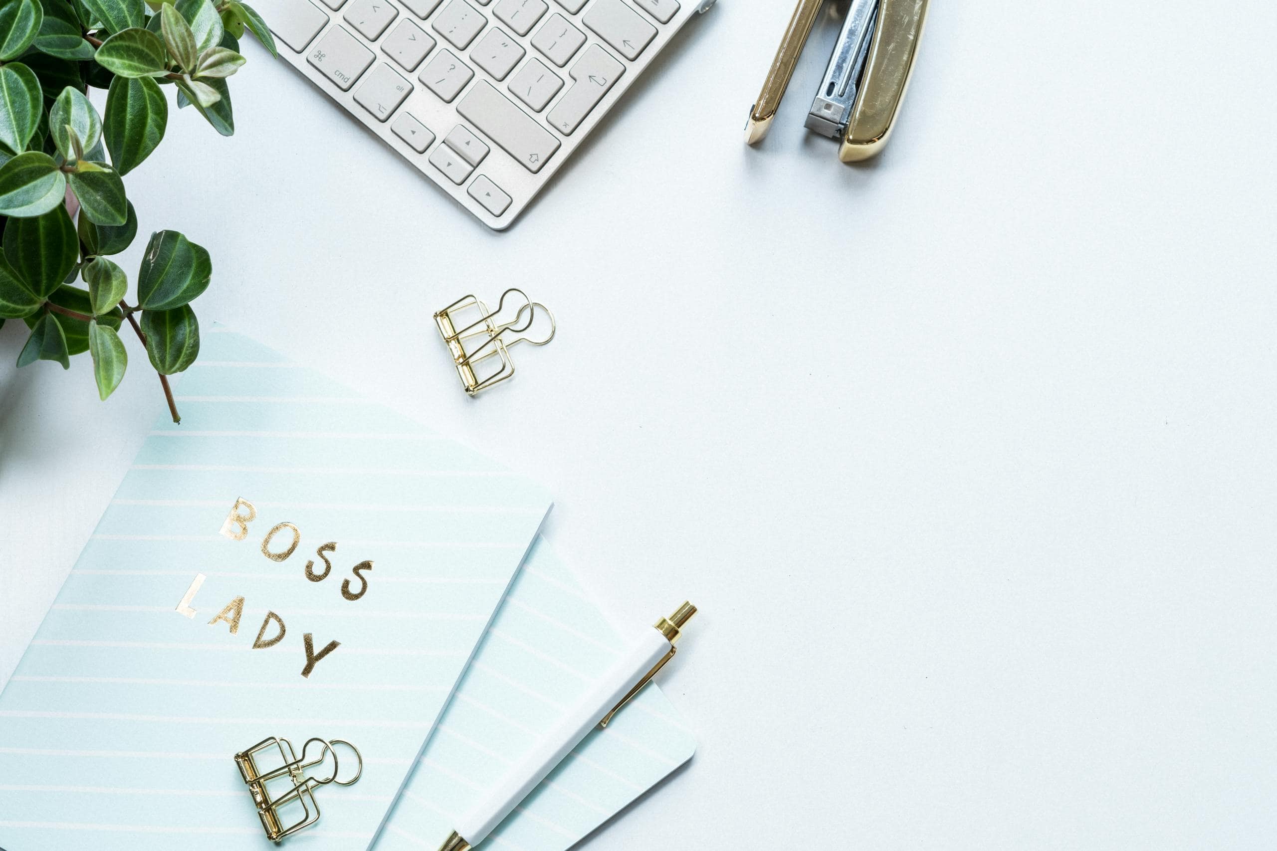 Elegant workspace featuring a 'Boss Lady' notebook, plant, and office supplies on a white background.